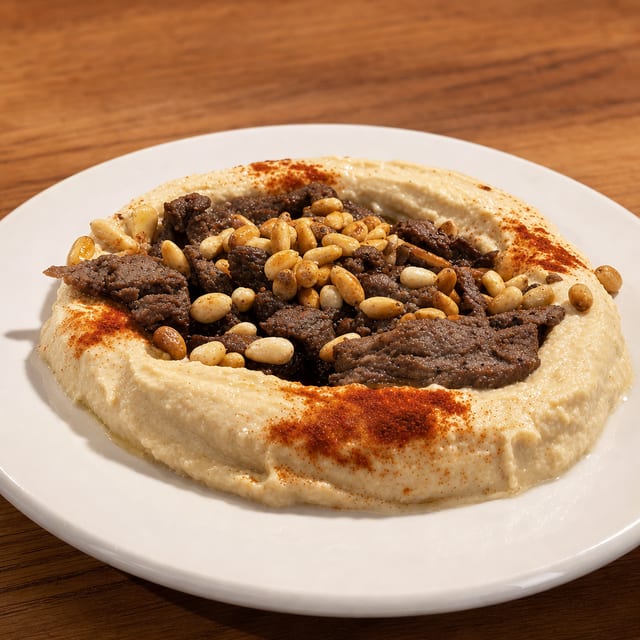 Hummus With Meat And Pine Nuts.